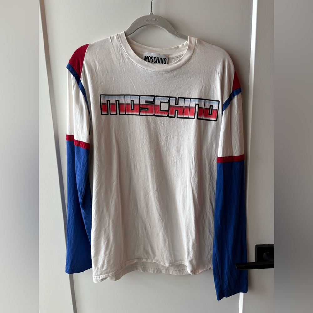 Moschino White Tee with Blue and Red Logo Gradient
